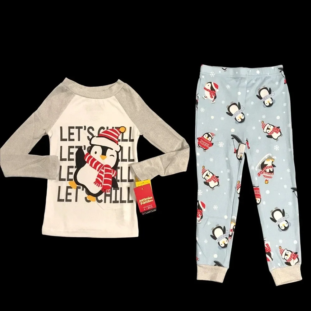 Cuddl Duds Toddler Boys 2pc Pajama Set Size 3-4T Penguin Holiday Print Blue Gray